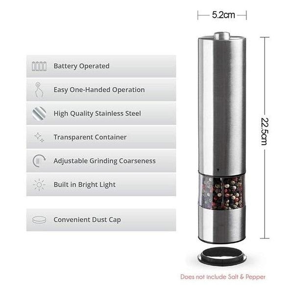 Stainless steel electric pepper and salt grinder