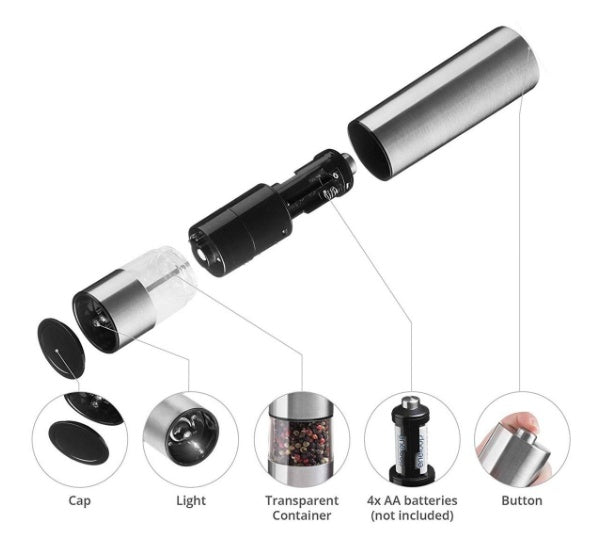 Stainless steel electric pepper and salt grinder